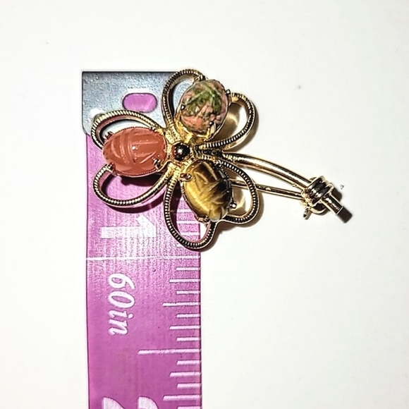 GOLD-FILLED SCARAB SHAMROCK BROOCH - BURT CASSELL, GENUINE STONES - Picture 7 of 8